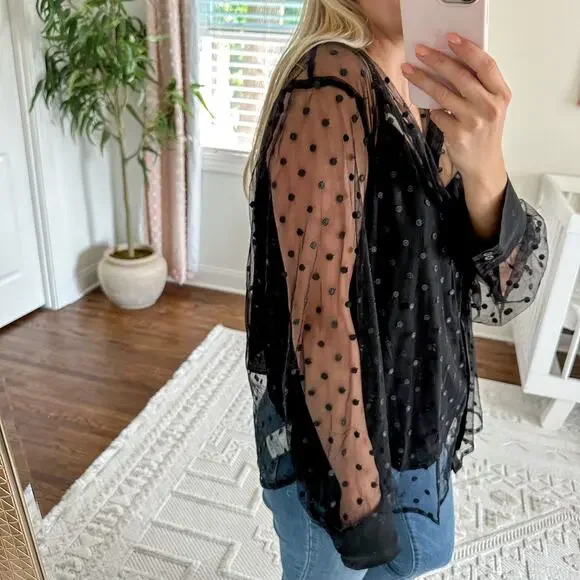 NWT J. Crew Tie-Neck Long Sleeve Top in Dotted Tulle Black 16 $148 - Picture 4 of 12